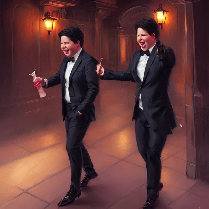 Image similar to michael mcintyre leaving a bar with with a singing waitress, elegant, real life skin, intricate artwork, high detailed, artstation, concept art, smooth, sharp focus, art by artgerm and greg rutkowski