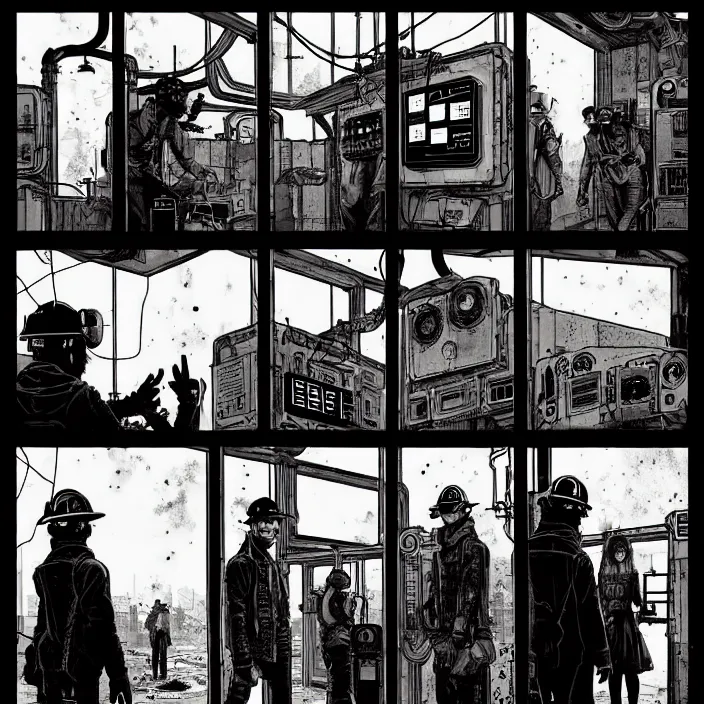 Prompt: sadie sink as a miner inside a minimalist steampunk automated kiosk with options to choose from. single storyboard panel. scifi cyberpunk. by gabriel hardman, joe alves, chris bonura. cinematic atmosphere, detailed and intricate, perfect anatomy