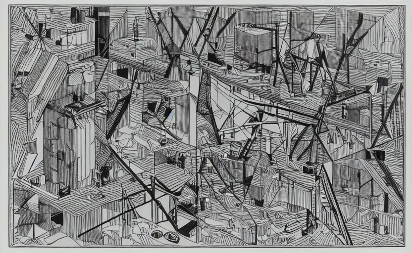 Prompt: the discovery of modularity illustrated by Boris Artzybasheff, imposing and playful, a dark tinge, wires