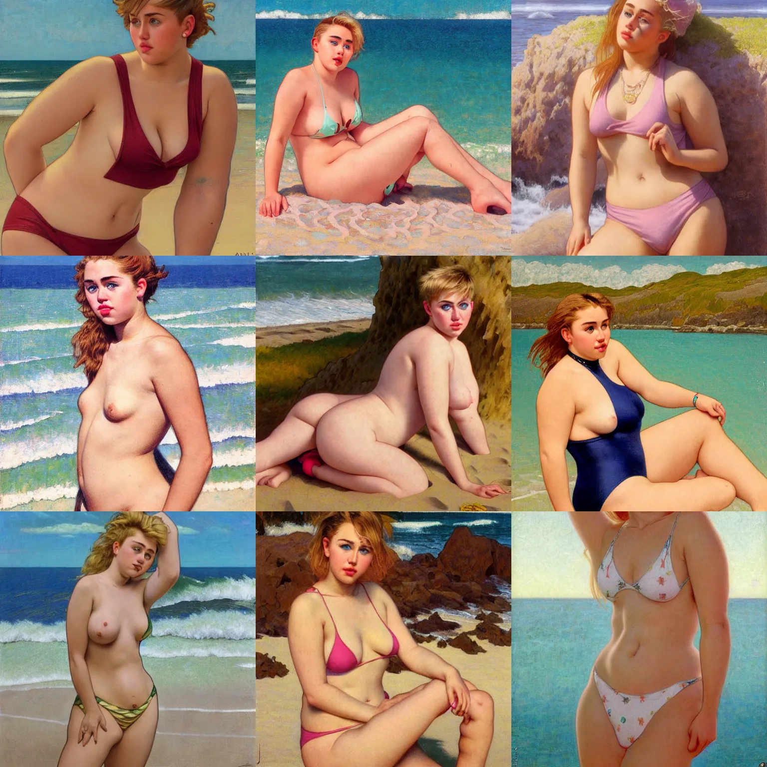 Prompt: portrait of cute 2 0 years old slightly chubby miley cyrus in swimsuit on a beach, intricate, hyperdetailed, photorealistic, diffuse lighting, hdrp, artstation, unreal 5, smooth, textless, sharp focus, art by john collier, albert aublet, krenz cushart, artem demura, alphonse mucha