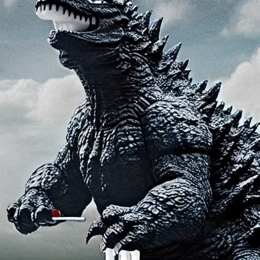 Image similar to godzilla brushing his teeth in the bathroom, electric toothbrush, crest toothpaste