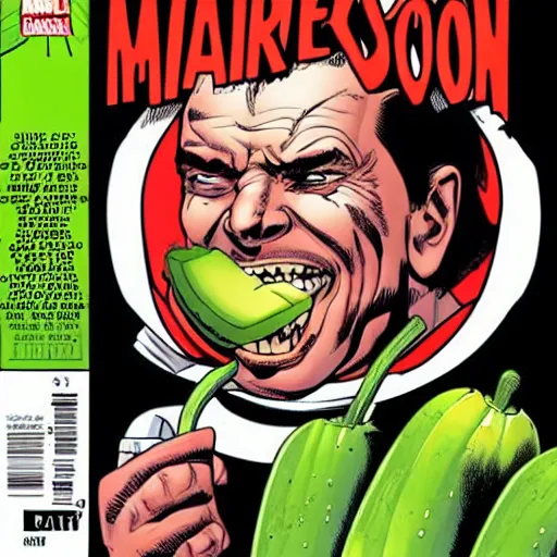 Prompt: a marvel comic book cover of jack Nicholson eating! A cucumber!.