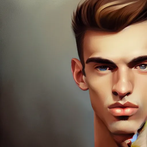 Image similar to man in his twenties with brown blond short quiff hair and thin slightly round facial structure with cleft chin, straight eyebrows and prominent nose, good definition of cheekbones, big hazel nut brown eyes, narrow face, slim body, atmospheric lighting, painted, intricate, 4k, highly detailed by Charlie Bowater