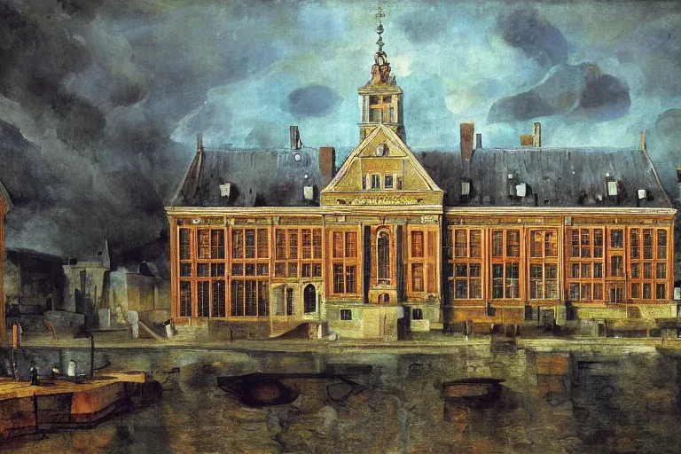 Prompt: beautiful digital painting of the international court of justice in the hague, by rembrandt and bartholomeus van der helst and paul cezanne, mix of styles, abstract, studio ghibli color scheme, realism, masterpiece, highly detailed, intricate