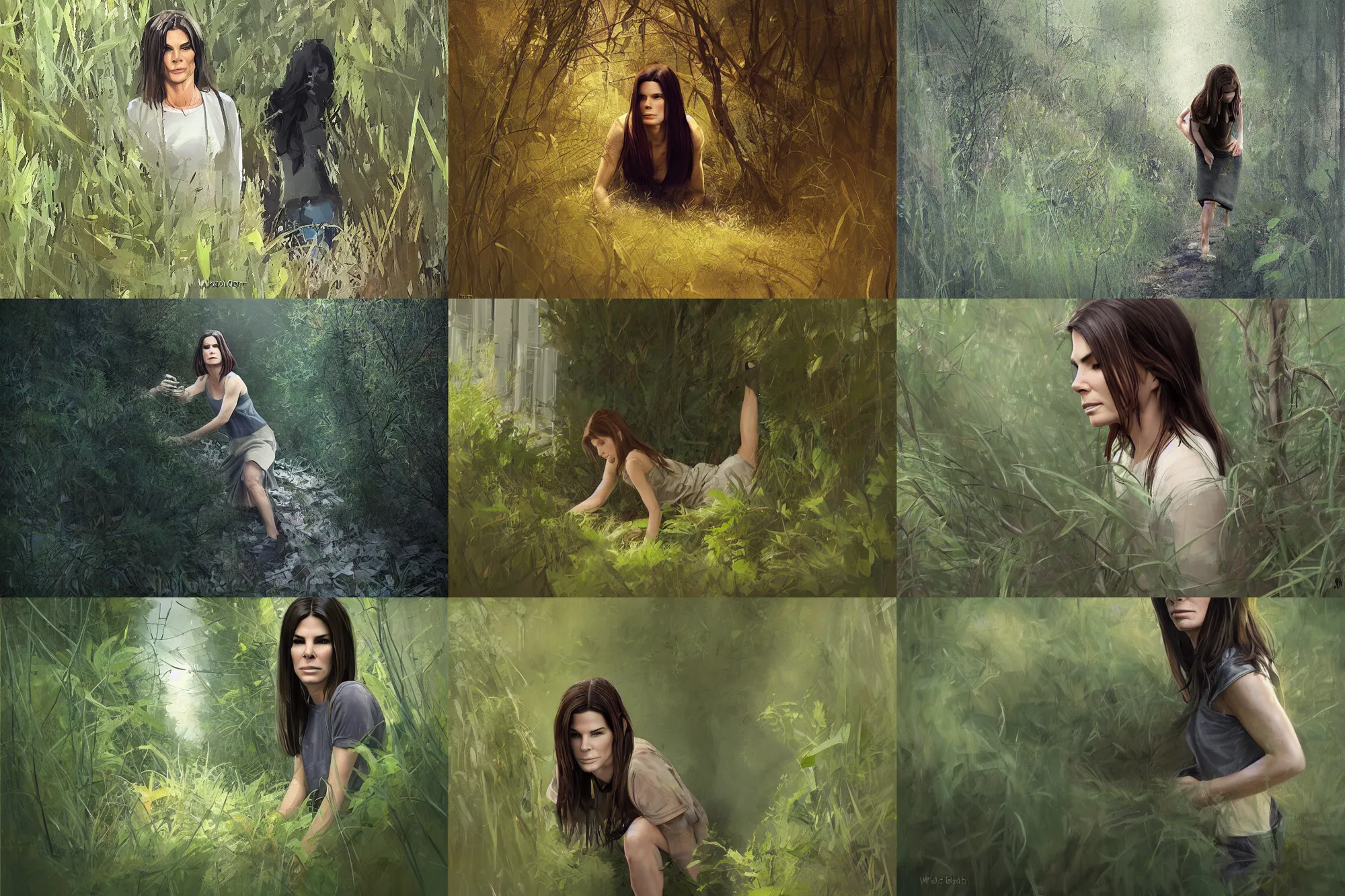 Prompt: young Sandra Bullock sneaking through underbrush created by WLOP