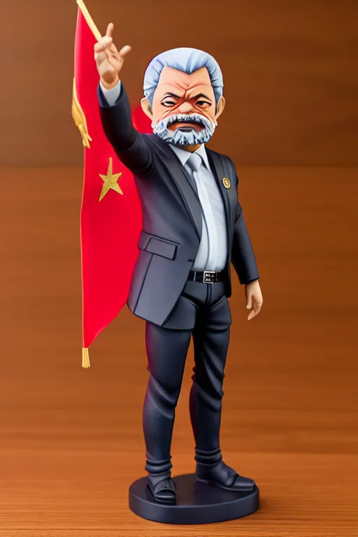 Prompt: still high quality figurine of president lula with a red flag, tsurime eyes, tareme eyes, personification, dynamic pose, detailed product photo, featured on amiami, tone mapped, beautiful composition, 8 5 mm, f. 1 4