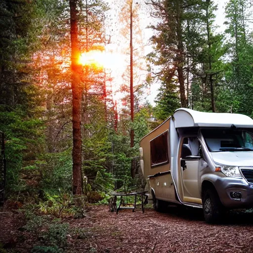 Image similar to a silver metallkc camper in a forest clearing. a long tall pillar of red light raising into the sky in background