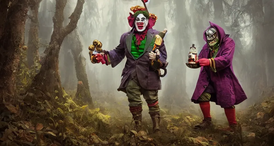 Image similar to robert de niro as medieval joker, crazy colorful clothing with a heavy golden mace in his left hand and a beer jug in his right hand, full body portrait, symmetrical face, intricate details, wandering through a forbidden forest, trending on artstation, 8k hyperrealistic, style of peter mohrbacher, octane render, unreal engine