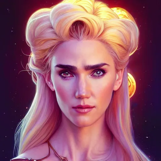 Prompt: Jennifer Connelly with blonde hair as Sailor Moon, western, D&D, fantasy, intricate, elegant, highly detailed, digital painting, artstation, concept art, matte, sharp focus, illustration, art by Artgerm and Greg Rutkowski and Alphonse Mucha