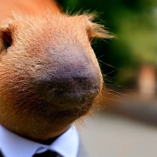 Image similar to smoking cigar, a man wearing a suit capybara head (smoking cigar)