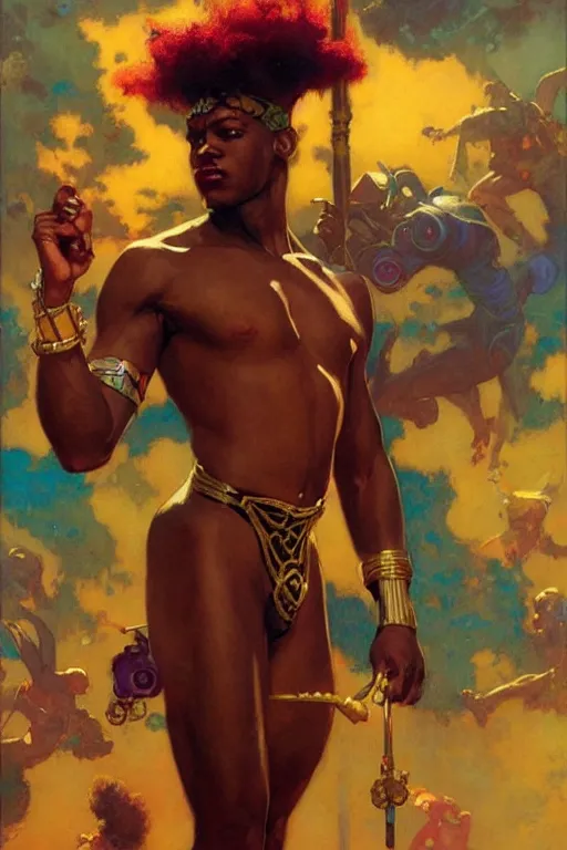 Prompt: character design, colorful, afrofuturism, painting by gaston bussiere, craig mullins, j. c. leyendecker, tom of finland