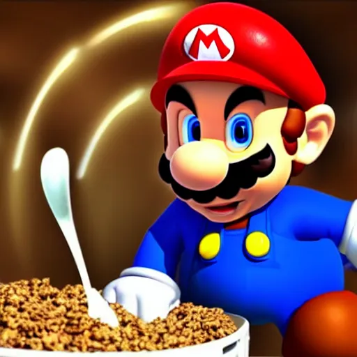 Prompt: super mario eating a bowl of cereal