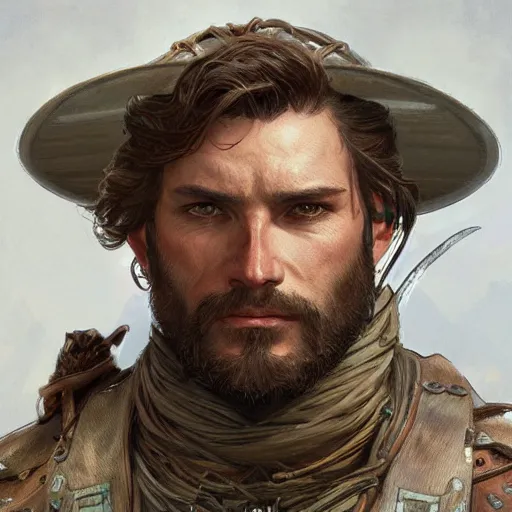 Image similar to portrait of a rugged male ranger, D&D, fantasy, intricate, muscular, highly detailed, digital painting, artstation, concept art, smooth, sharp focus, illustration, art by artgerm and greg rutkowski and alphonse mucha