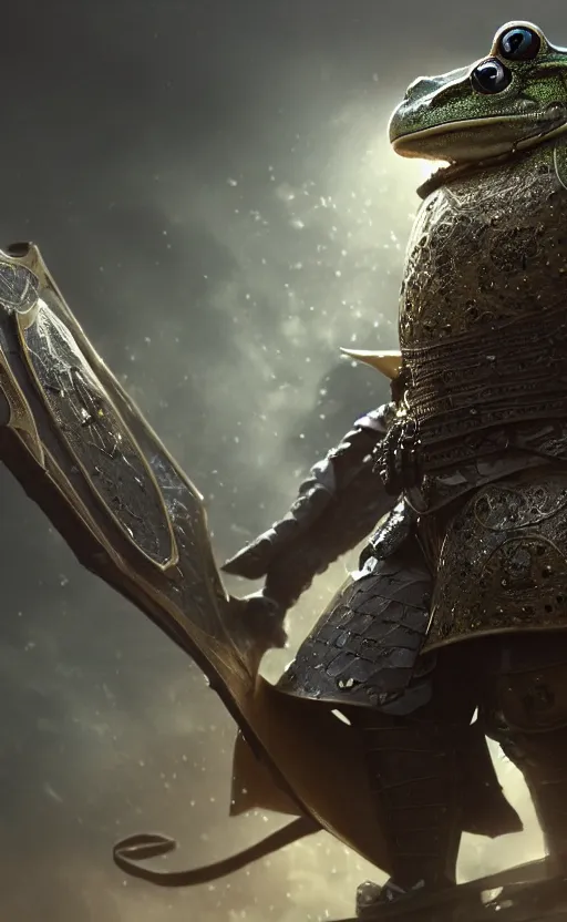 Image similar to a frog, dressed as a knight, holding a large shield, battle armor, atmospheric lighting painted intricate volumetric lighting, beautiful, sharp focus, ultra detailed by leesha hannigan, ross tran, thierry doizon, kai carpenter, ignacio fernandez rios, makoto shinkai, sharp, mindblowing, 4 k uhd, 8 k