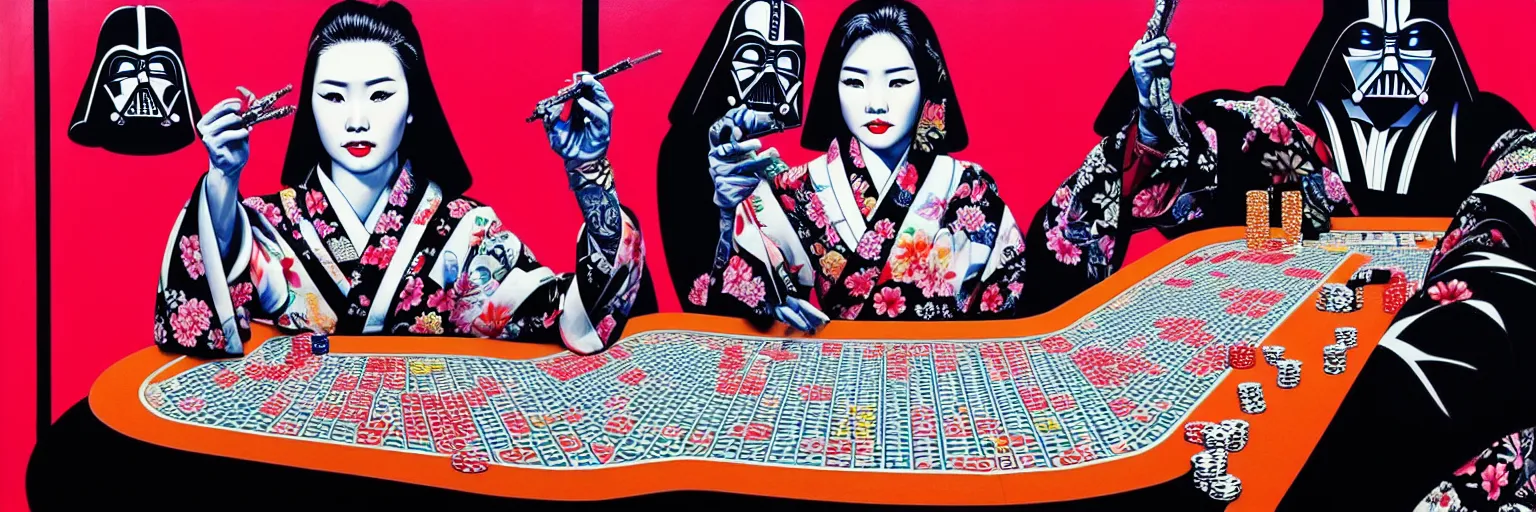 Image similar to hyperrealism composition of the detailed woman in a japanese kimono sitting at an extremely detailed poker table with darth vader, terminator, fireworks on the background, pop - art style, jacky tsai style, andy warhol style, acrylic on canvas