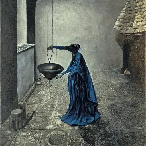 Image similar to An old wrinkled witch dressed in black stirring her cauldron. El Greco, Remedios Varo, Salvador Dali, Carl Gustav Carus, John Atkinson Grimshaw. Blue tint. Symetrical, logo, geometric shapes.