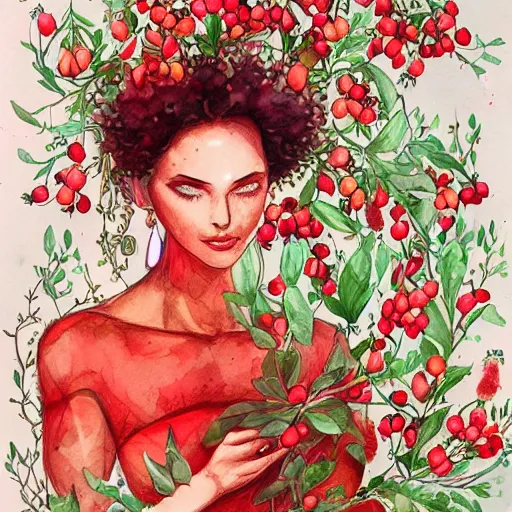 Image similar to Persephone surrounded by pomegranates, beautiful, elegant, watercolor, render, trending on artstation