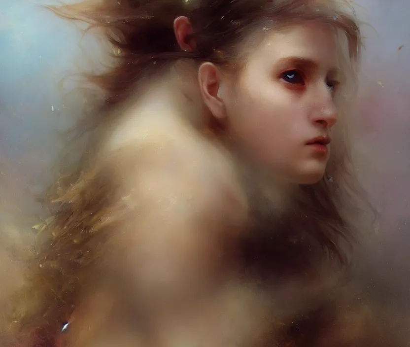 Prompt: three-quarters portrait with papery flaking skin, piercing multi-colored eyes, underwater flowing hair, dreams of the fae; painted in oil on canvas; highly detailed surrealism by Aleksi Briclot and Ivan Aivazovsky; 8k; masterpiece, award-winning, sharp focus, artstation