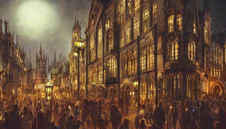 Image similar to neo - gothic london's zoo with crowded place at night, clear, clean, lights, hyperdetailed, artstation, cgsociety, 8 k