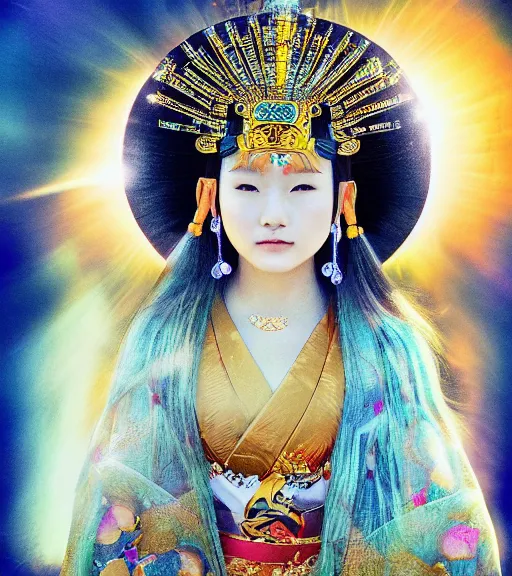 Image similar to hyper realistic portrait photo of beautiful ameterasu the sun goddess of japan, japanese model, portrait shot, intricate detail, glittering sun rays