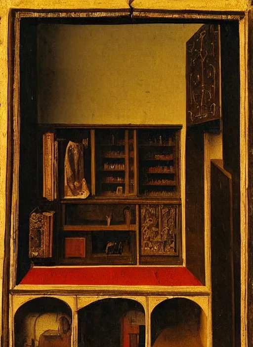 Image similar to bookshelf, medieval painting by jan van eyck, johannes vermeer, florence