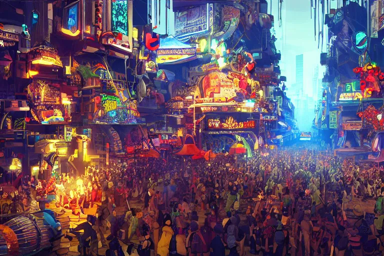 Prompt: Carnival, very highly detailed face's and body's. Voxel grapics concept art by Caravaggio, Details by Caravaggio , cyan dimensional light, , Cyberpunk city as Background by Hiromasa Ogura