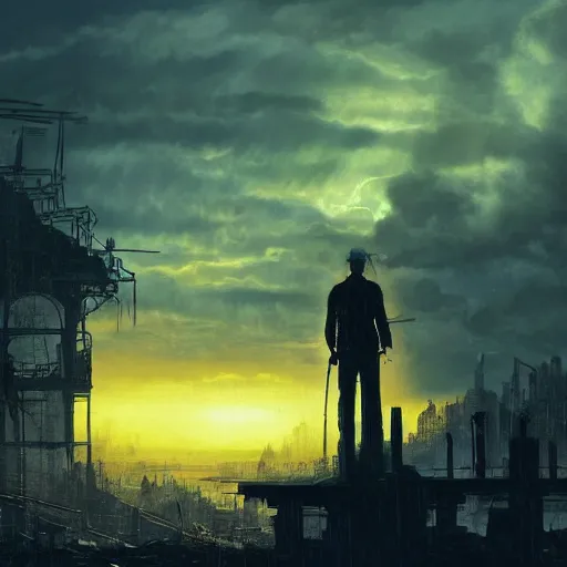 Image similar to wanderer with night vision goggles, dramatic light, sunset, sunrays, cyberpunk city in the background, ruins, buildings, dystoptian, gorgeous view, depth, painted by Caspar David Friedrich, clouds, tending on artstation