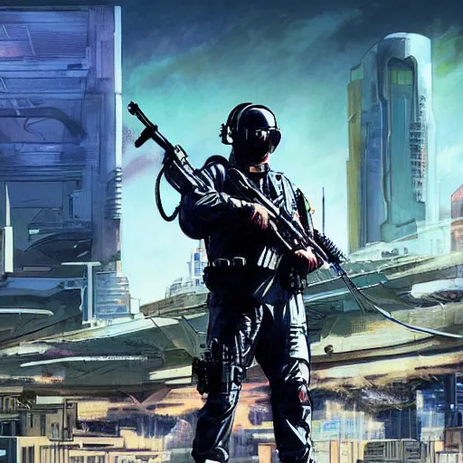 Image similar to Arthur. USN special forces futuristic recon operator, cyberpunk headset, on patrol in the Australian autonomous zone, deserted city skyline. 2087. Concept art by James Gurney and Alphonso Mucha