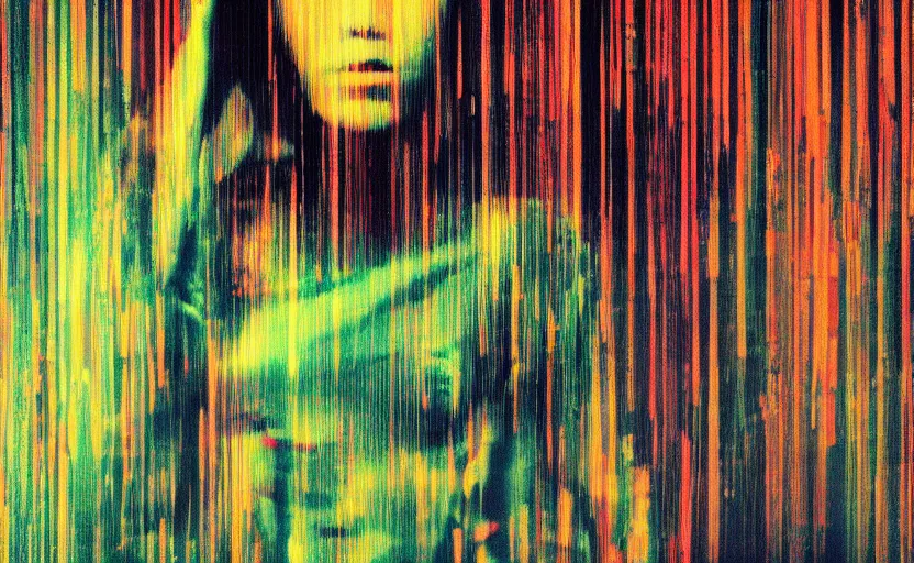 Prompt: vhs glitch art portrait of a beautiful asian woman full body front on hidden underneath a sheet, lost in static, sexy, metaphysical foggy environment, static colorful noise glitch volumetric light, by bekinski, unsettling moody vibe, vcr tape, 1 9 8 0 s analog video, vaporwave aesthetic, directed by david lynch, colorful static