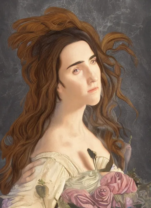 Image similar to portrait of Jennifer Connelly with long hair in baroque art, anime inspired, High Res 8K, hyperdetailed