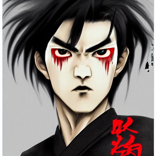 Image similar to demon martial artist, handsome japanese demon boy, young adult yokai with long spiky black hair, vampire, vantablack gi, simple clothes, red eyes, ultra realistic, intricate details, highly detailed, subsurface scattering, photorealistic, octane render, 8 k, art by artgerm, greg rutkowski, magali villeneuve, alphonse mucha