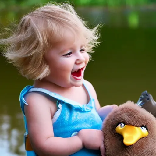 Prompt: toddler with blond wavy hair, lake, holding a duck teddy, ultra realistic, cute, laughing