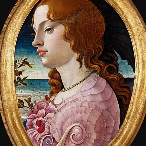 Image similar to an ultradetailed mythological oil painting of a beautiful woman with long brown hair, full body, wearing pink floral chiton, sleeping on a giant scallop shell, near the seashore, intricate lines, elegant, renaissance style, by sandro botticelli