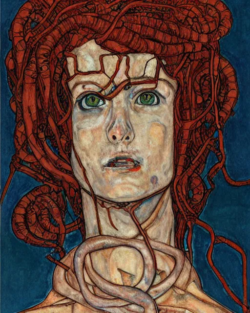 Image similar to portrait of cyberpunk medusa by egon schiele in the style of greg rutkowski