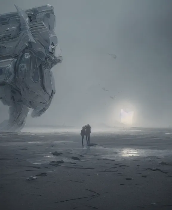 Image similar to surreal romantic covenant deformation, horizontal white mecha building architecture by ruan jia, futuristic berserk white architecture in the beach in iceland, foggy, highly detailed, digital painting, arstation, concept art, hyperealistic octane render, unreal engine