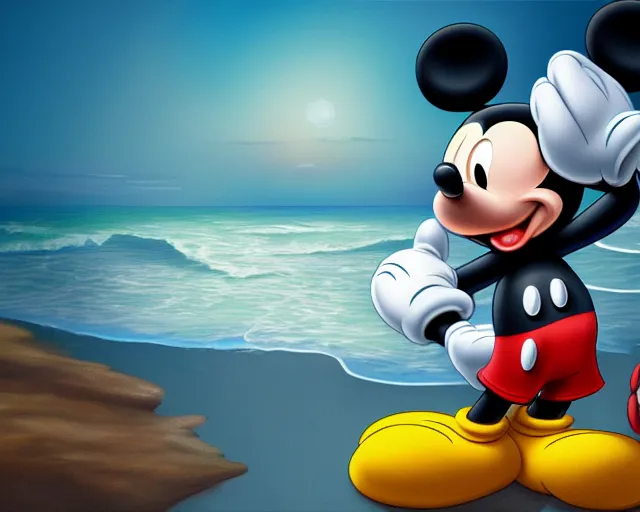 Prompt: Mickey mouse sitting next to terrifying sea creatures on a creepy beach, digital art, in the style of Vitaly Samarin Alexiu, super detailed, artstation