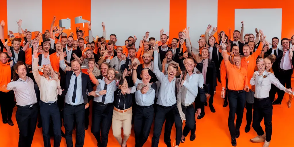 Prompt: a dutch tech company called incentro winning the great place to work award, orange backdrop, happy people, happy faces, focus on the faces, extremely detailed faces