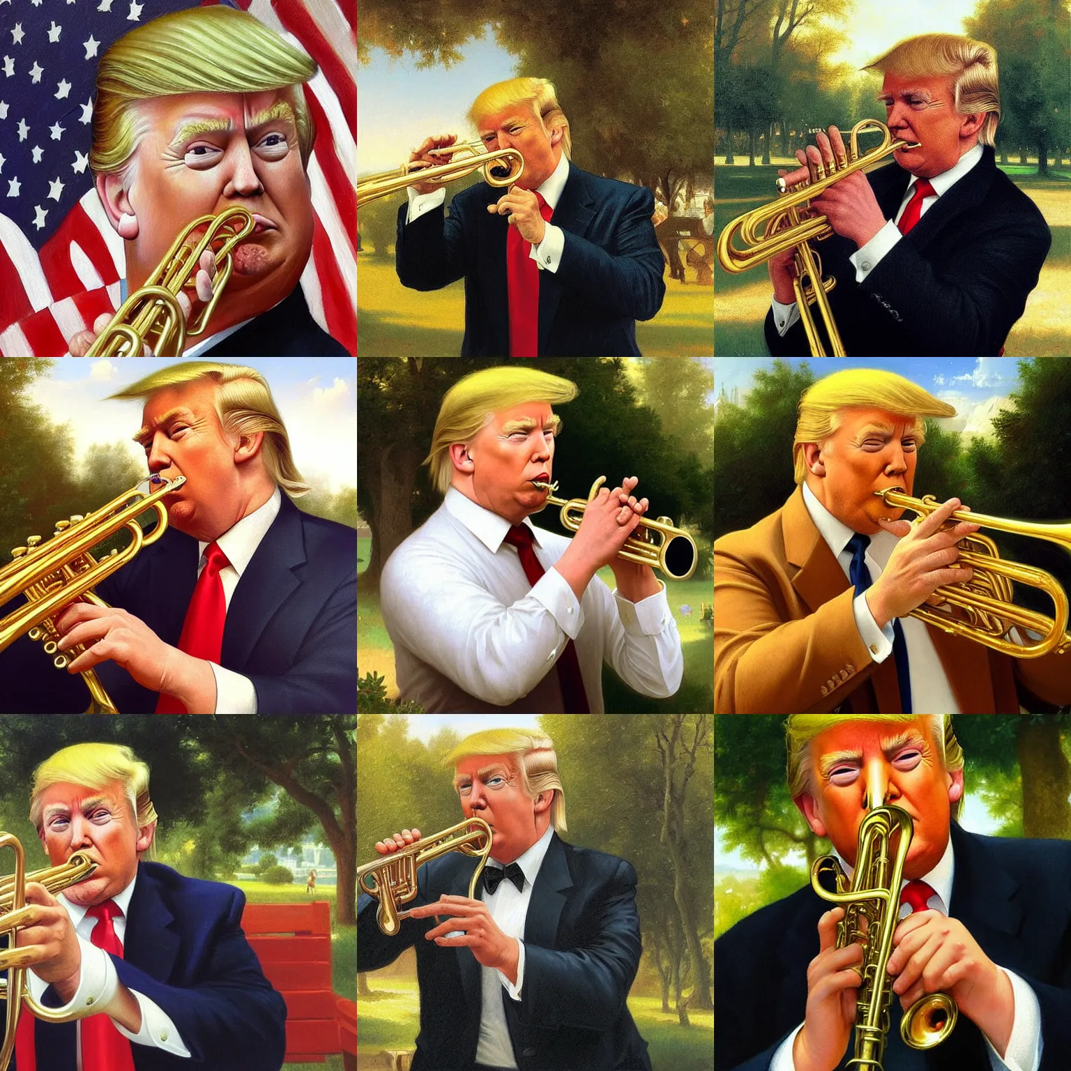 Prompt: portrait of donald trump!!!!!!!!!!!!!!!!!!!!!!!!!!! playing trumpet!!!!!!!!!!!!, alone, detailed face, detailed hands, detailed painting, sunny park background, epic lighting, by bouguereau