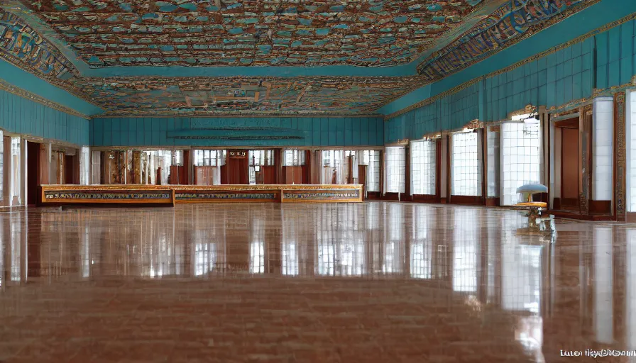 Image similar to 2010s movie still of empty north-korean royal restaurant palace, Leica SL2 50mm, high quality, higly detailed