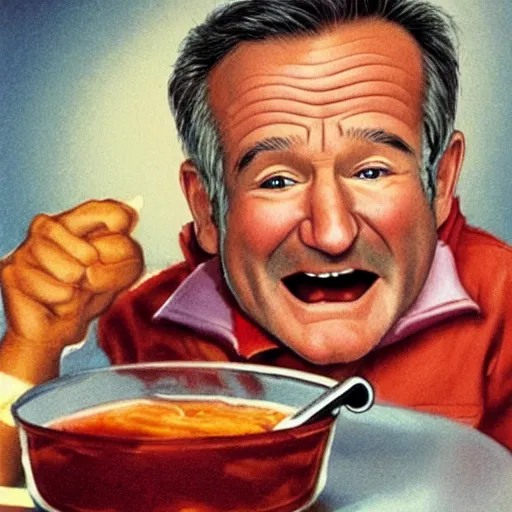 Image similar to robin williams sinking into a pit of bbq sauce, reaching towards the camera, childrens book illustration