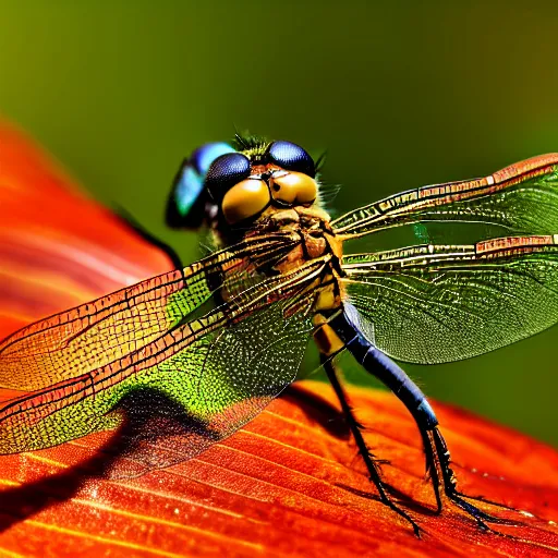 Prompt: macro photo of dragonfly on leaf, ultra-realistic, national geographic photo of the year