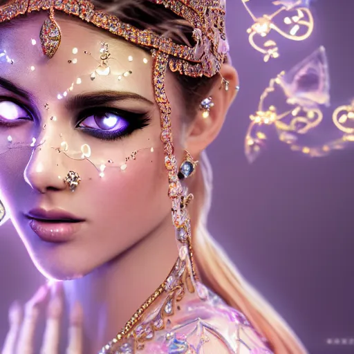 Prompt: portrait of pretty princess with perfect skin, glowing, ornate and intricate diamond jewelry, jaw dropping beauty, glowing backdrop, white accent lighting, hyper detailed, 4 k octane render