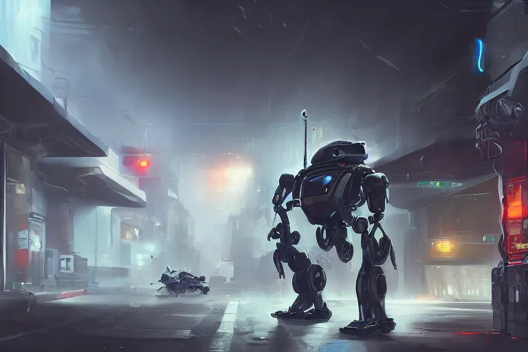 Prompt: mech police pursuing an alien robot in a dark alley in Tokyo, digital painting, trending on artstation, deviantart, 8k, epic composition, intrinsic details, AAA graphics