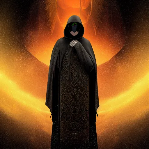 Image similar to award - winning. trending on artstation. surreal. cinematic. a person wearing hooded ornate yellow robes and a spooky steel mask staring while a black hole floats behind them. dark background.