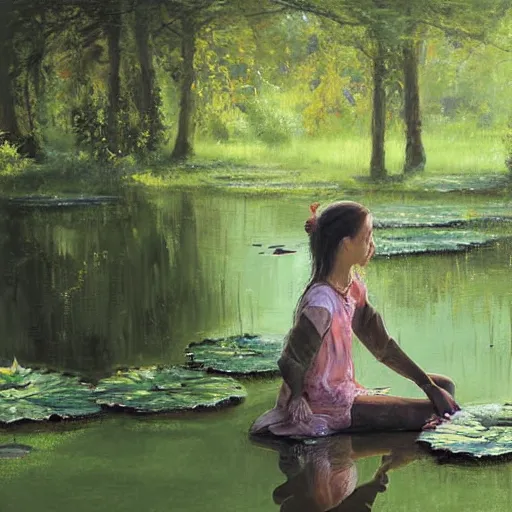 Image similar to Painting. a young girl is sitting on the edge of a pond, with her feet in the water. She is looking at a frog that is sitting on a lily pad in the pond. pine green by Wadim Kashin, by Bruce Munro earthy