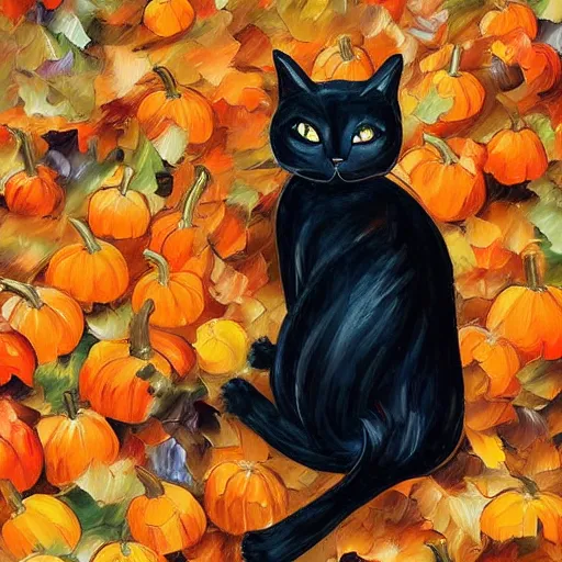 Image similar to black cat with arched back standing on halloween pumpkins in a pile of autumn leaves detailed painting in the style of leonid afremov 4 k