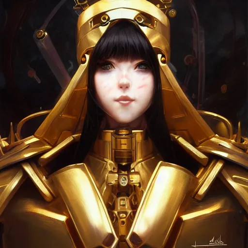 Image similar to anime girl robot warhammer 4 0 k emperor, gold, portrait, intricate, elegant, highly detailed, digital painting, artstation, concept art, wallpaper, smooth, sharp focus, illustration, art by h. r. giger and artgerm and greg rutkowski and alphonse mucha