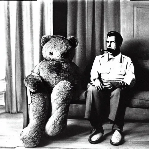 Image similar to professional picture of Joseph Stalin smoking a joint and sitting next to an anthropomorphic teddy bear on a couch, dslr, cinematic, detailed and realistic face,