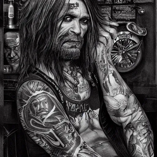 Image similar to portrait painting of an older tattooed biker with shaggy hair in a bar, sharp focus, ultra realistic, concept art, intricate details, eerie, highly detailed, photorealistic, dark, black and white, rpg art vampire the masquerade. art by josh timbrook