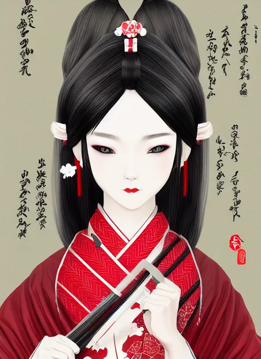 Image similar to character design, red and white kimono, samurai, dark long hair, princess cut hairstyle ， beautiful, elegant, symmetrical face, long legs, regular feet, big katana, full body, wisteria trees, realistic, uhd, unreal engine, detailed